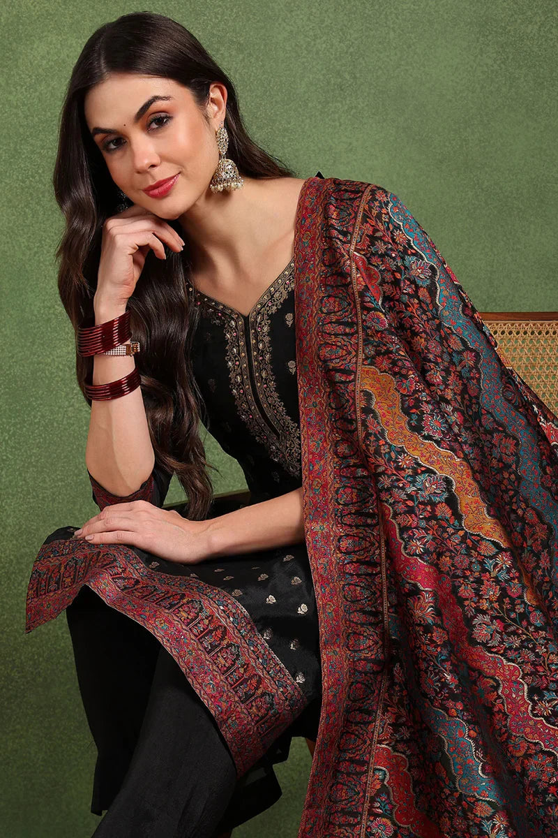 Black-Silk-Blend-Solid-Woven-Design-Straight-Kurta-Trousers-With-Dupatta