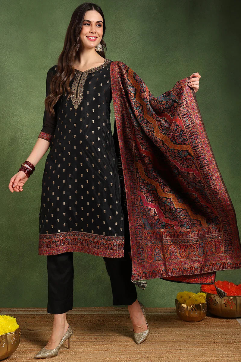 Black-Silk-Blend-Solid-Woven-Design-Straight-Kurta-Trousers-With-Dupatta
