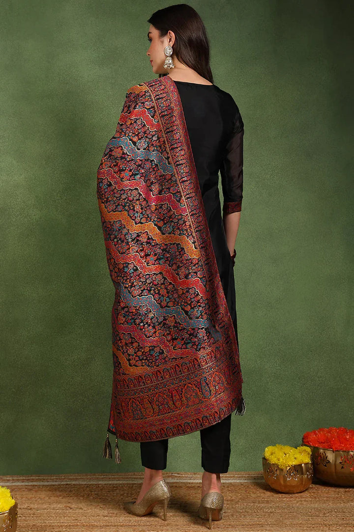 Black-Silk-Blend-Solid-Woven-Design-Straight-Kurta-Trousers-With-Dupatta