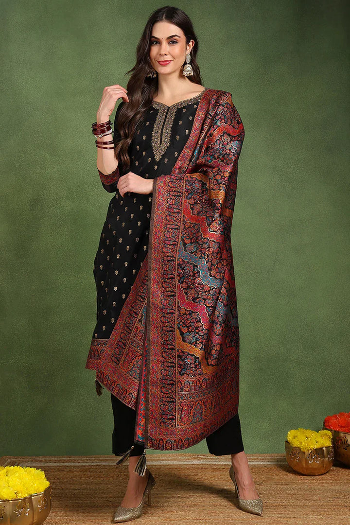 Black-Silk-Blend-Solid-Woven-Design-Straight-Kurta-Trousers-With-Dupatta