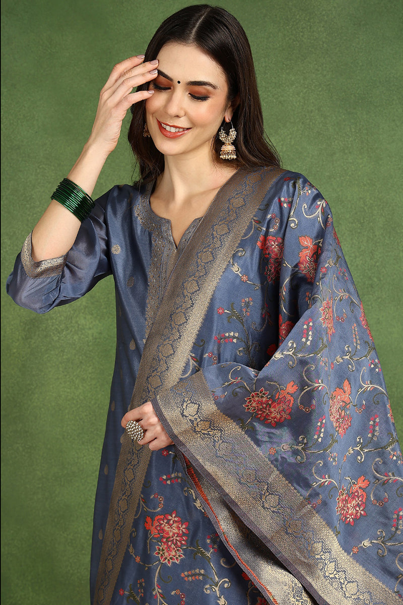 Blue-Chanderi-Solid-Woven-Design-Straight-3-Piece-Kurta-Set