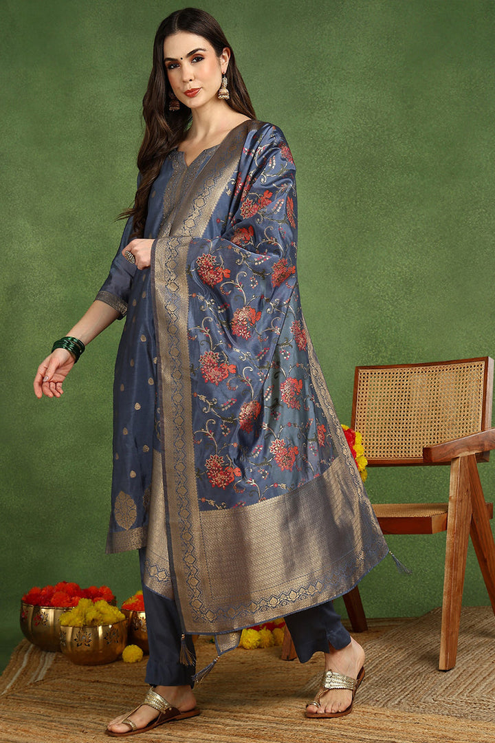 Blue-Chanderi-Solid-Woven-Design-Straight-3-Piece-Kurta-Set
