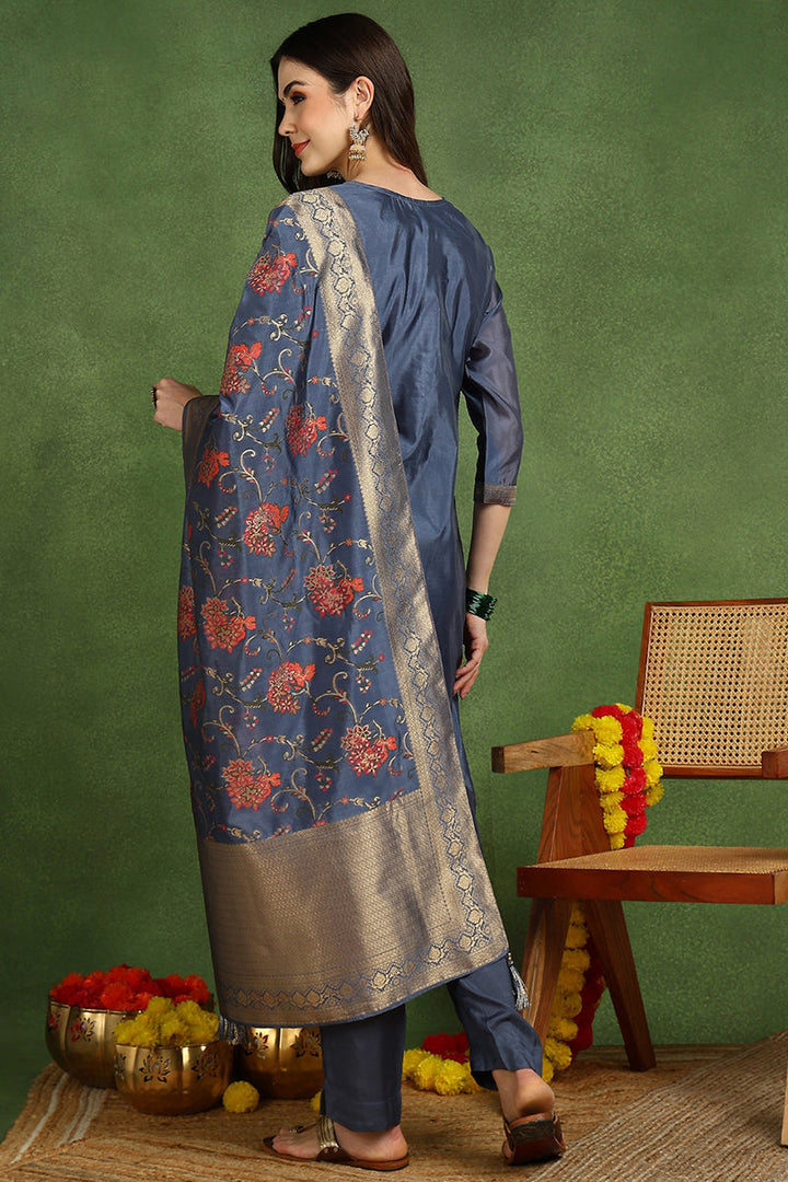 Blue-Chanderi-Solid-Woven-Design-Straight-3-Piece-Kurta-Set
