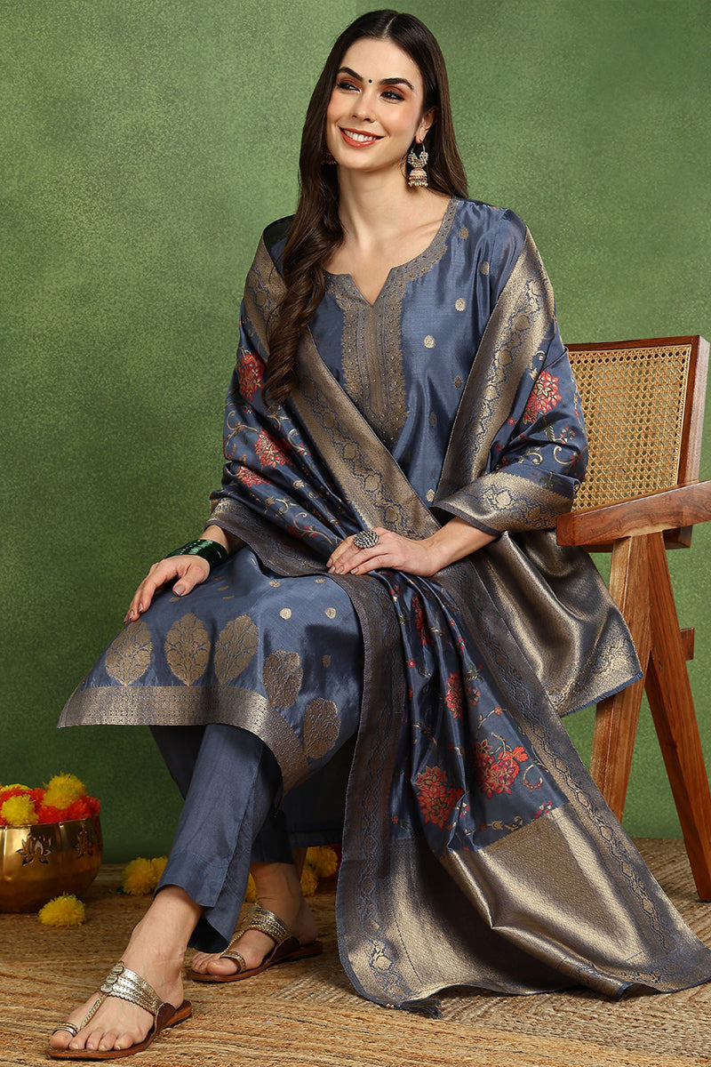 Blue-Chanderi-Solid-Woven-Design-Straight-3-Piece-Kurta-Set
