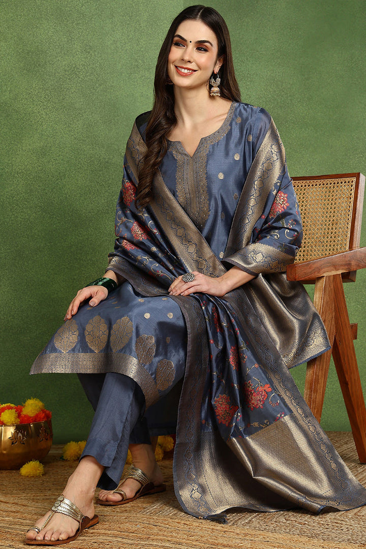 Blue-Chanderi-Solid-Woven-Design-Straight-3-Piece-Kurta-Set