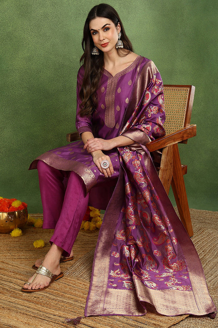 Purple-Poly-Chanderi-Woven-Design-Straight-3-Piece-Kurta-Set