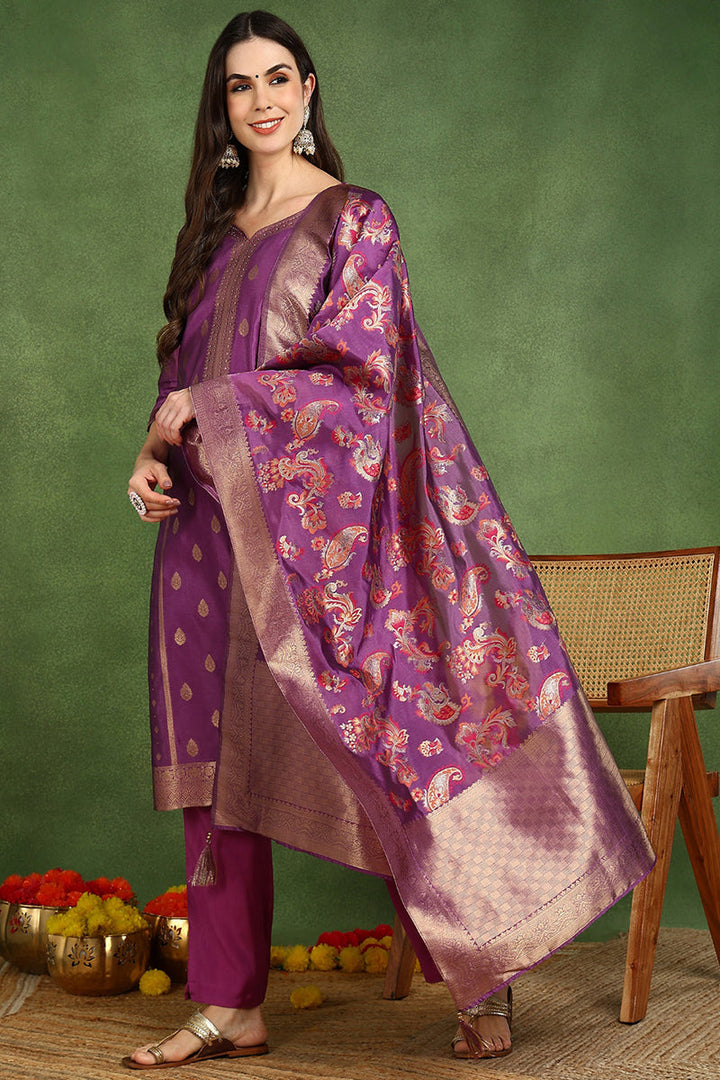 Purple-Poly-Chanderi-Woven-Design-Straight-3-Piece-Kurta-Set