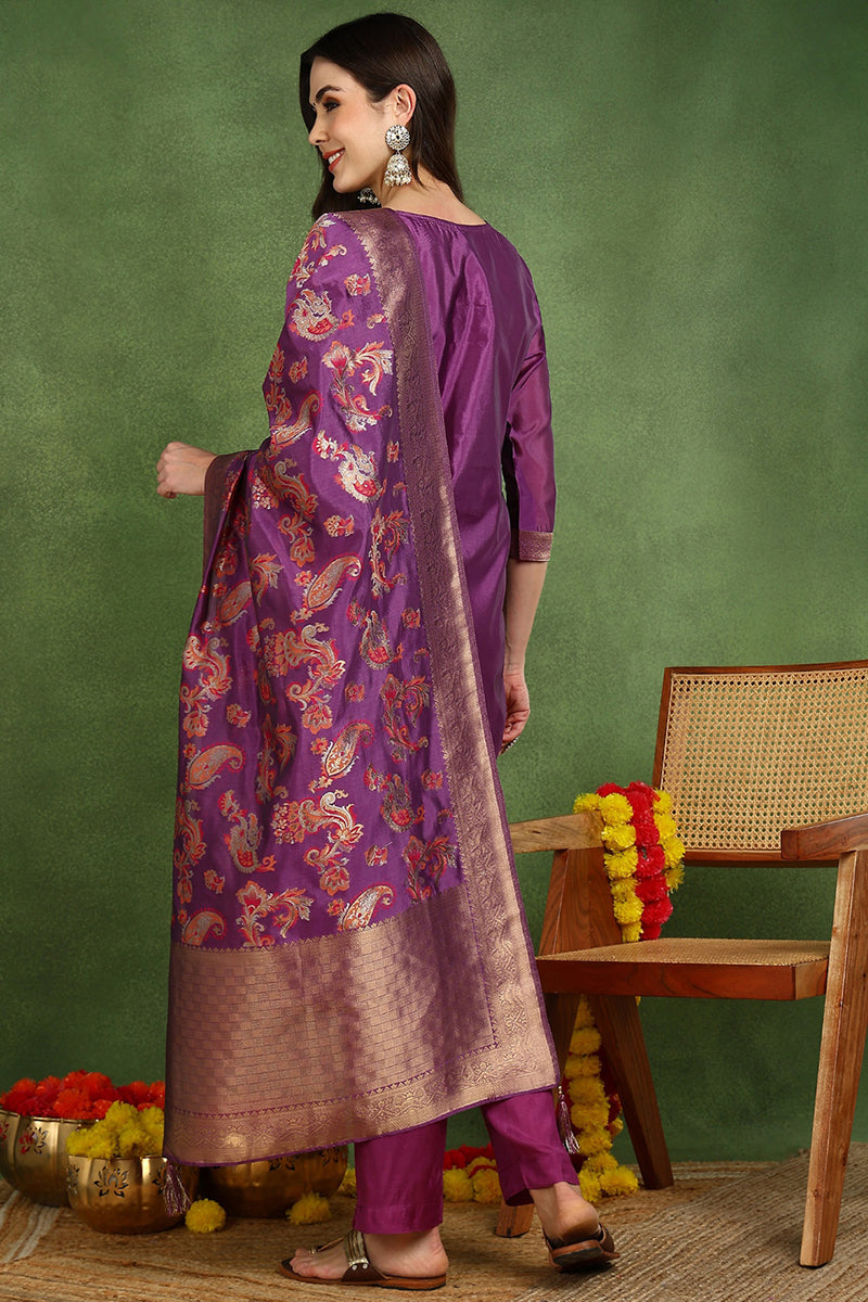Purple-Poly-Chanderi-Woven-Design-Straight-3-Piece-Kurta-Set