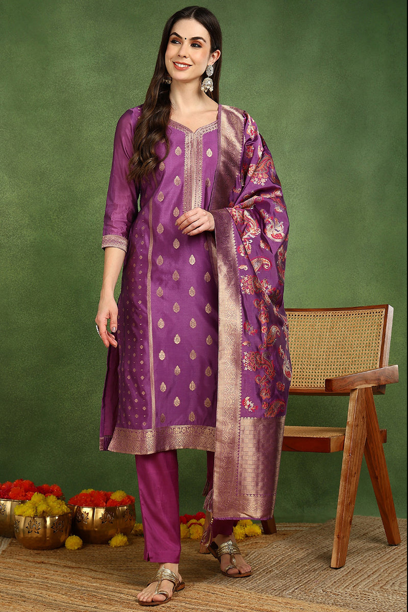 Purple-Poly-Chanderi-Woven-Design-Straight-3-Piece-Kurta-Set