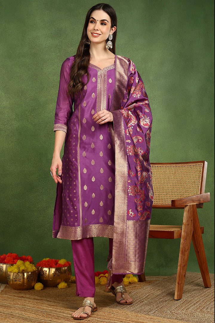 Purple-Poly-Chanderi-Woven-Design-Straight-3-Piece-Kurta-Set