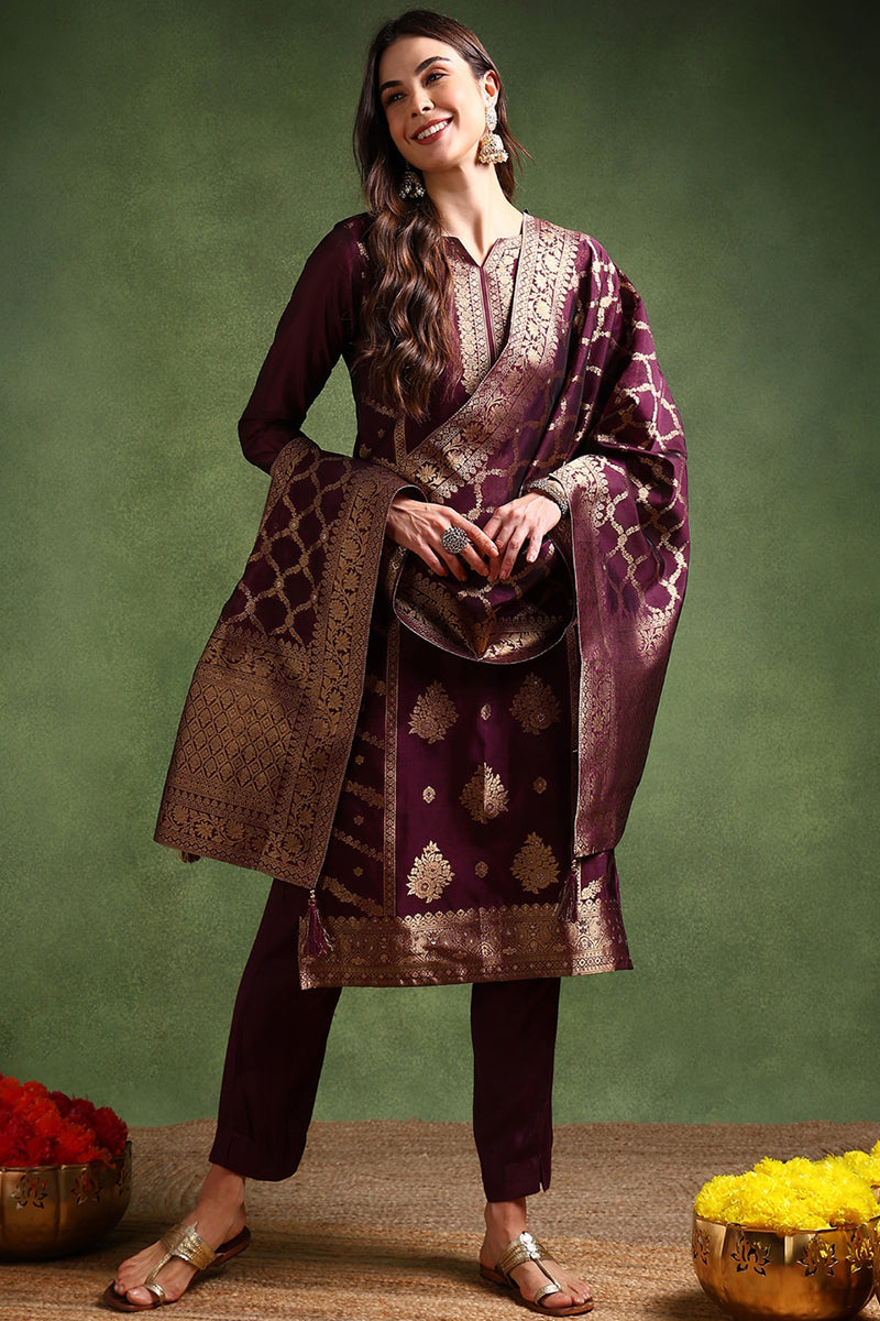 Dark-Wine-Chanderi-Silk-Woven-Design-Straight-3-Piece-Kurta-Set