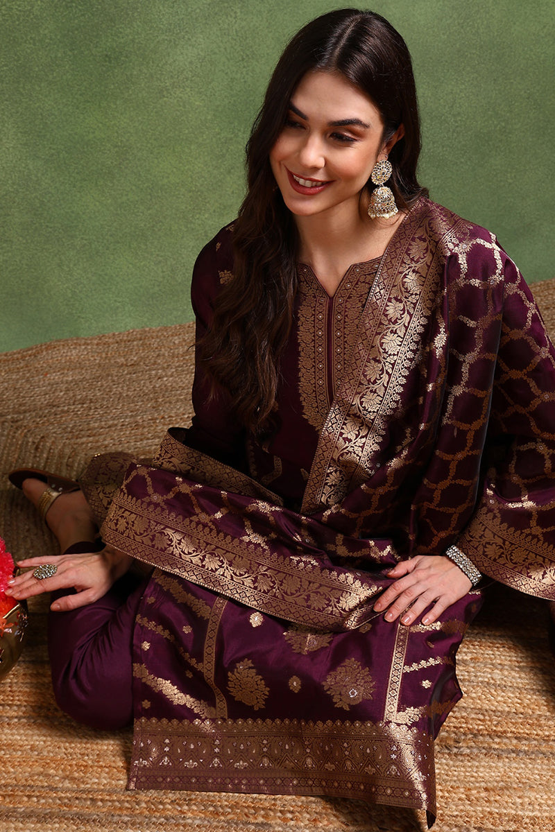 Dark-Wine-Chanderi-Silk-Woven-Design-Straight-3-Piece-Kurta-Set