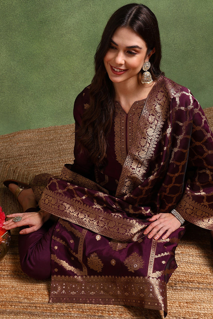 Dark-Wine-Chanderi-Silk-Woven-Design-Straight-3-Piece-Kurta-Set