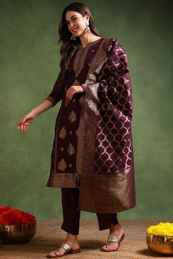 Dark-Wine-Chanderi-Silk-Woven-Design-Straight-3-Piece-Kurta-Set