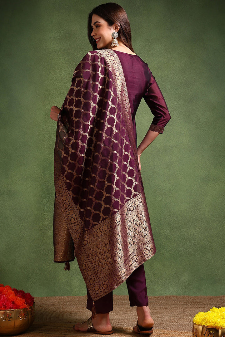 Dark-Wine-Chanderi-Silk-Woven-Design-Straight-3-Piece-Kurta-Set