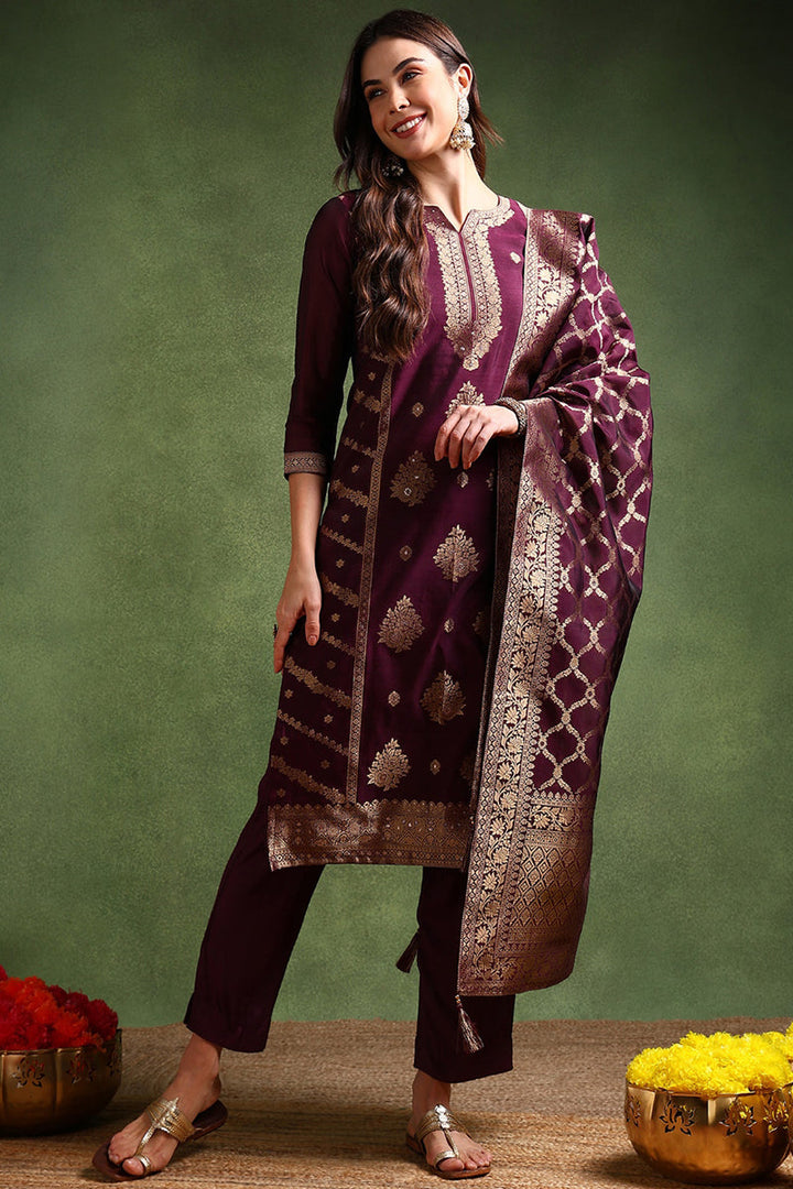 Dark-Wine-Chanderi-Silk-Woven-Design-Straight-3-Piece-Kurta-Set