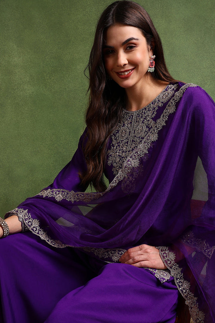 Purple-Silk-Blend-Solid-Embroidered-Straight-Palazzo-Set