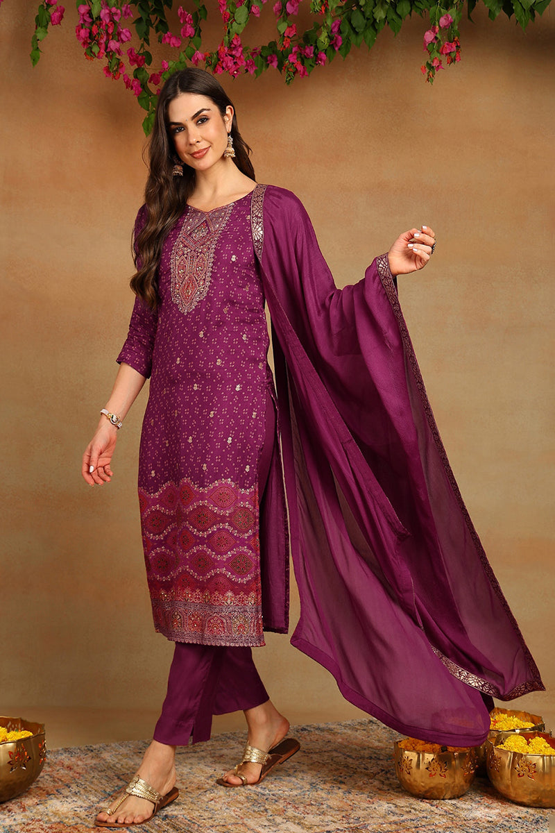 Purple-Muslin-Bandhani-Design-Straight-3-Piece-Kurta-Set