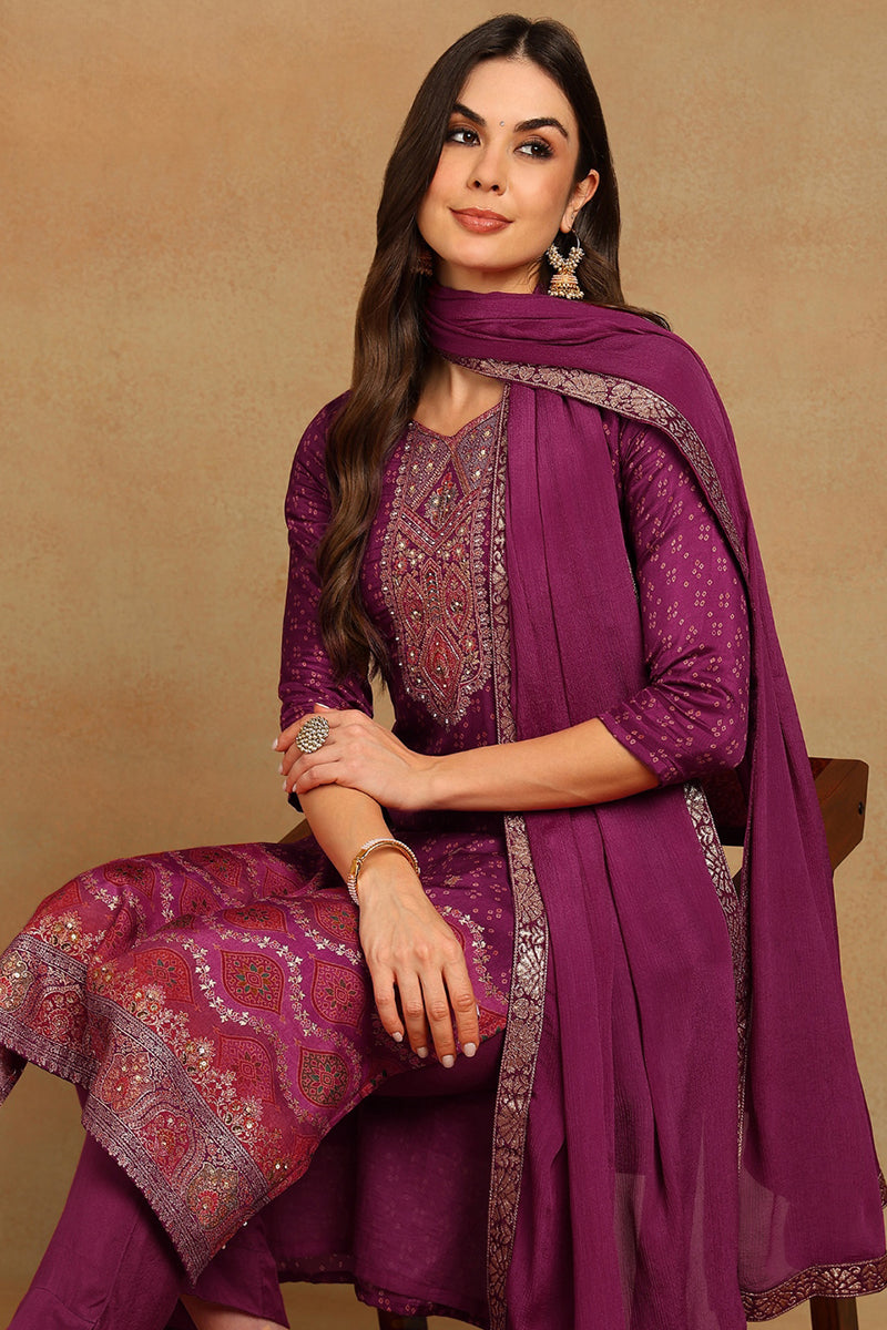 Purple-Muslin-Bandhani-Design-Straight-3-Piece-Kurta-Set