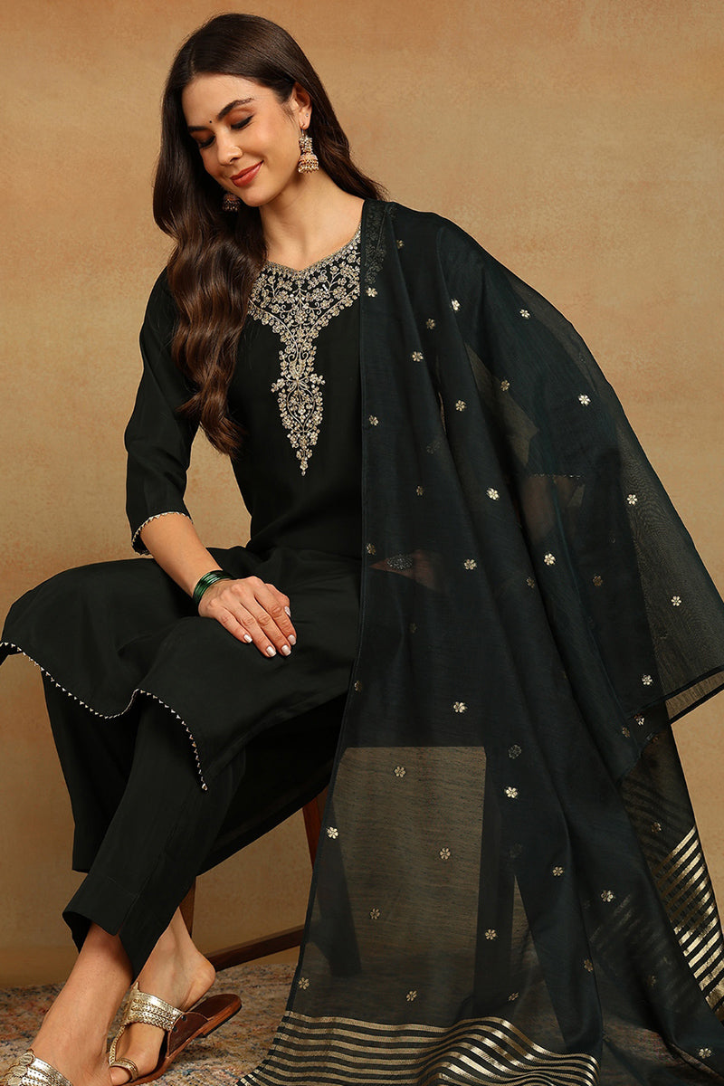 Green-Chanderi-Silk-Embroidered-Straight-3-Piece-Kurta-Set