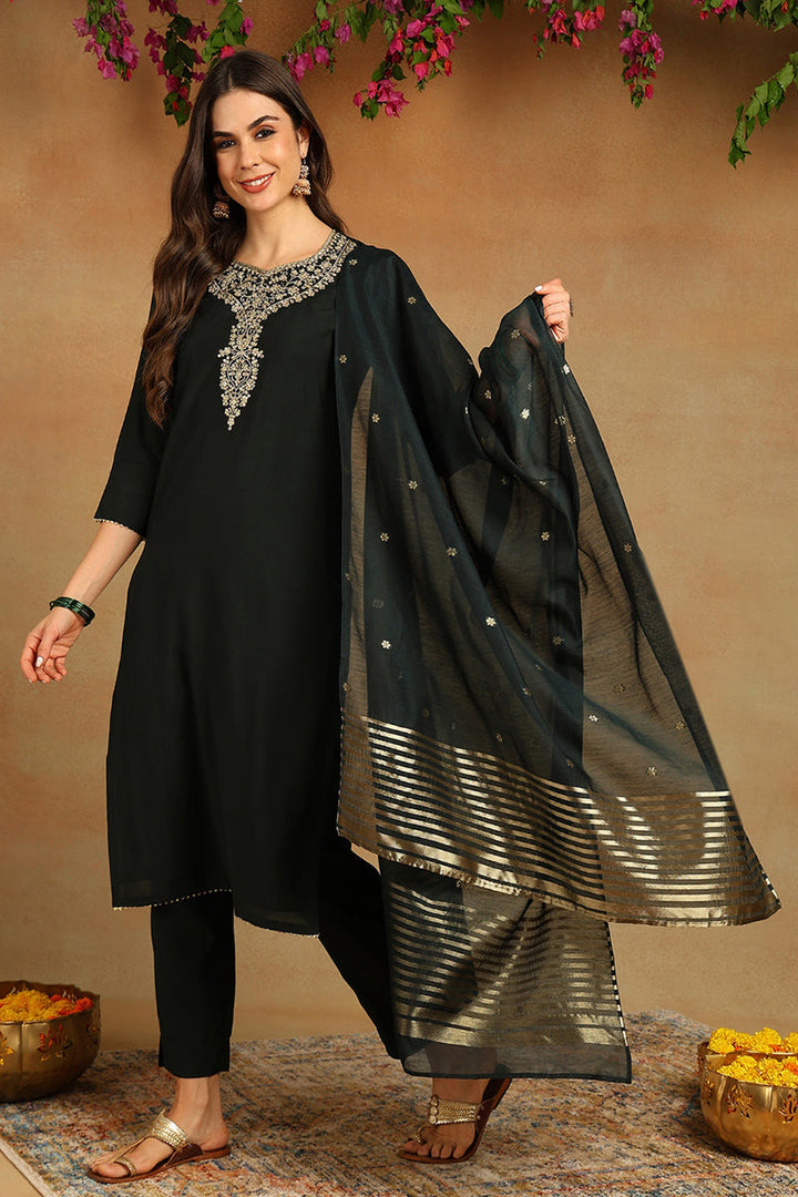Green-Chanderi-Silk-Embroidered-Straight-3-Piece-Kurta-Set