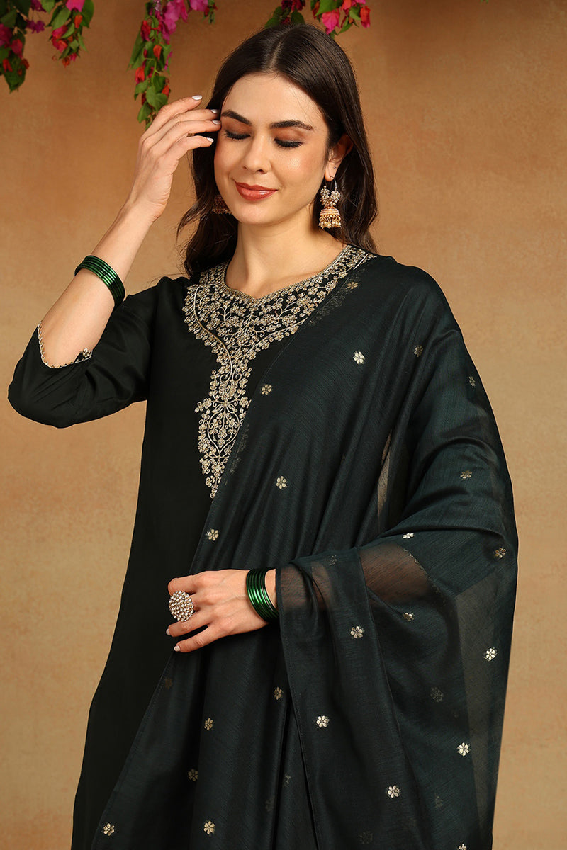 Green-Chanderi-Silk-Embroidered-Straight-3-Piece-Kurta-Set