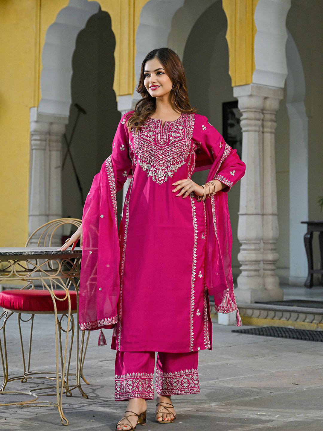 Pink Silk Blend Solid Embroidered Straight 3-Piece Kurta Set