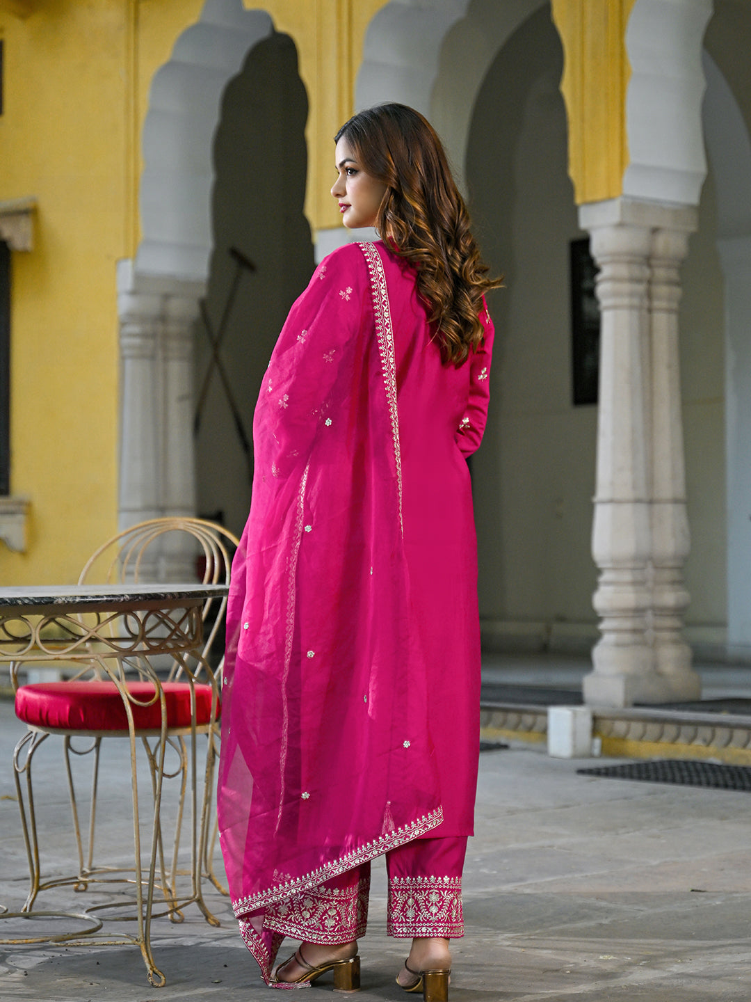 Pink Silk Blend Solid Embroidered Straight 3-Piece Kurta Set