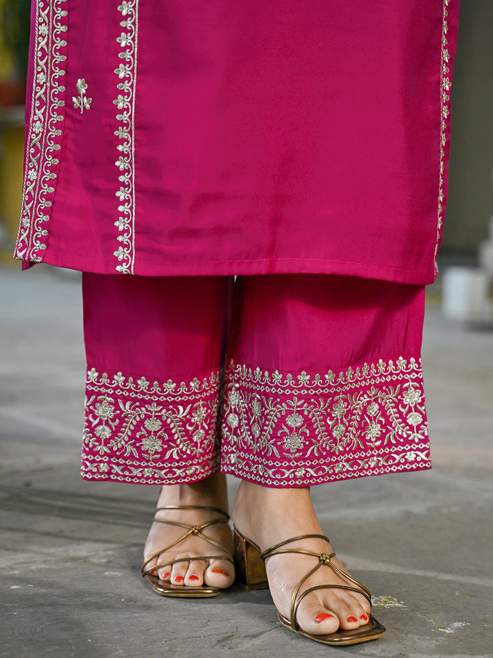 Pink Silk Blend Solid Embroidered Straight 3-Piece Kurta Set