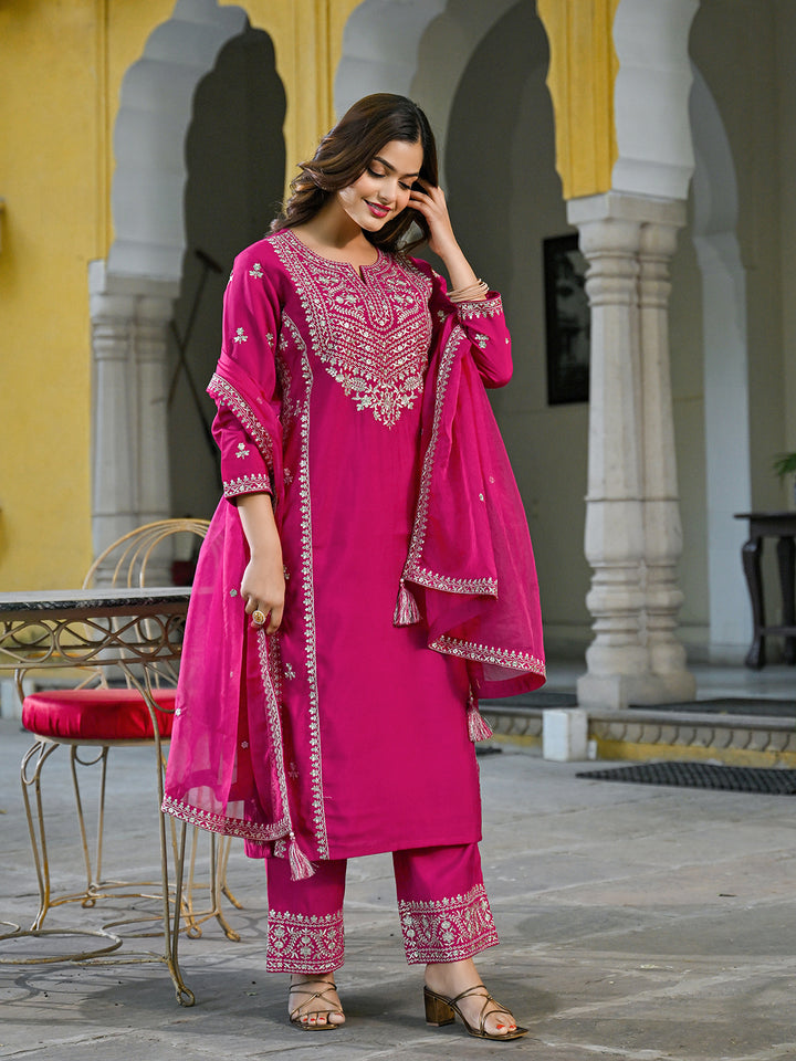 Pink Silk Blend Solid Embroidered Straight 3-Piece Kurta Set