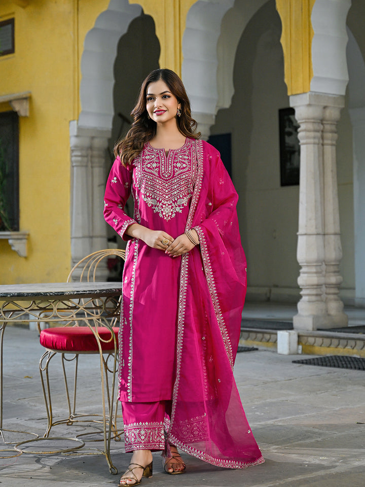 Pink Silk Blend Solid Embroidered Straight 3-Piece Kurta Set