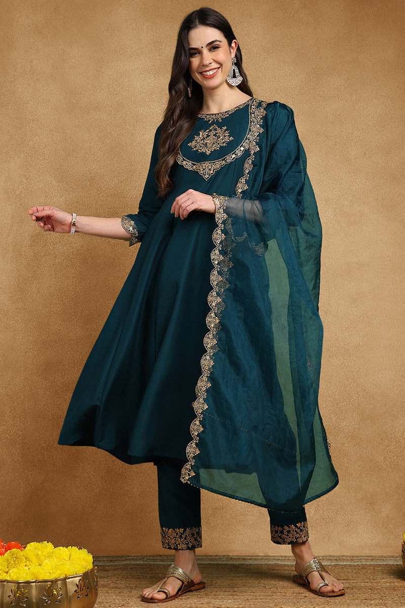 Teal-Blue-Silk-Blend-Solid-Embroidered-3-Piece-Anarkali-Set