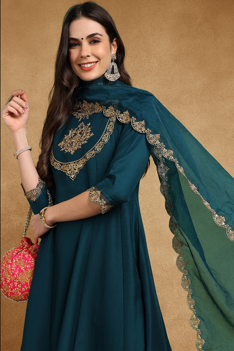 Teal-Blue-Silk-Blend-Solid-Embroidered-3-Piece-Anarkali-Set