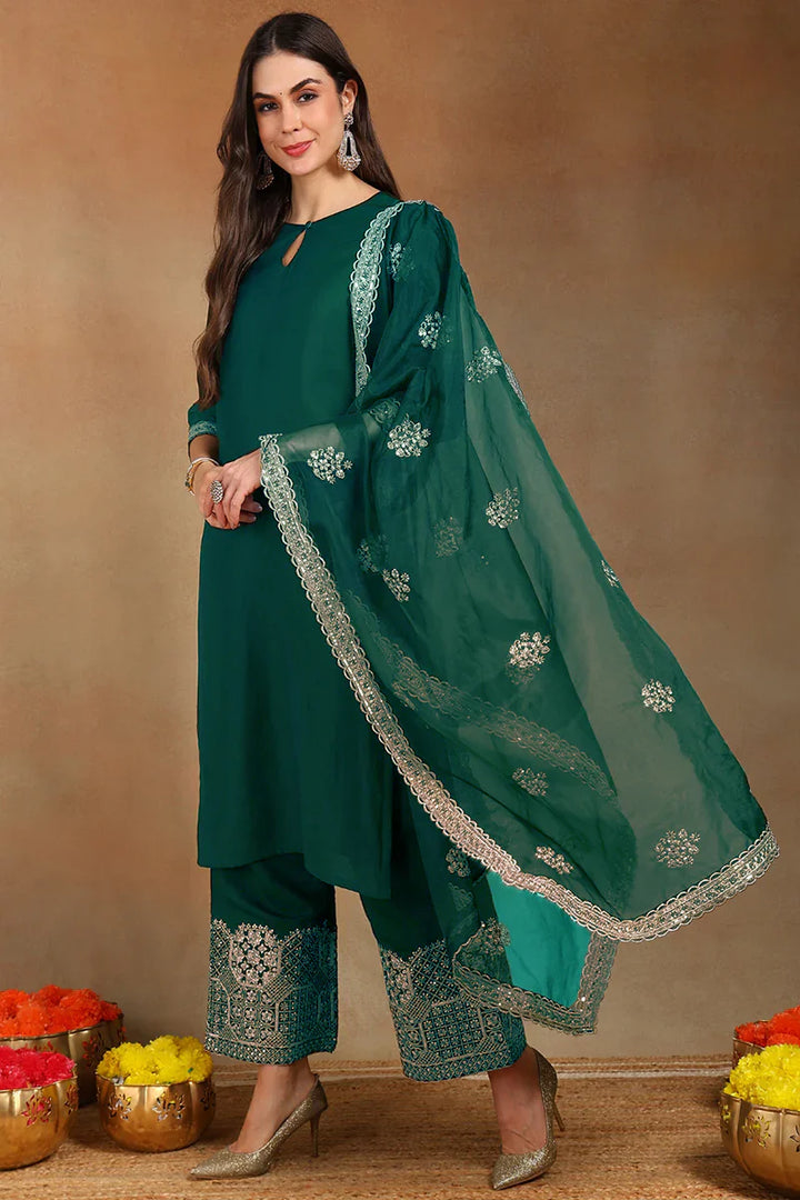 Teal Silk Blend Solid Straight Festive Kurta Palazzos With Dupatta