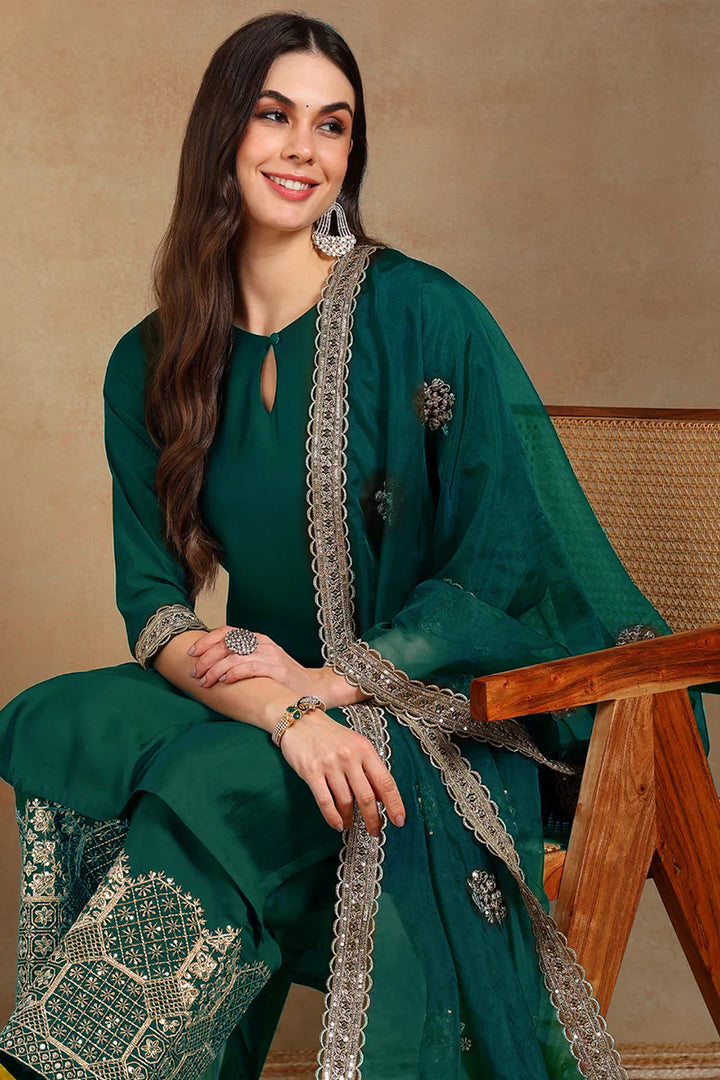 Teal Silk Blend Solid Straight Festive Kurta Palazzos With Dupatta