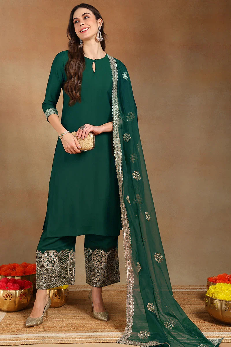 Teal Silk Blend Solid Straight Festive Kurta Palazzos With Dupatta