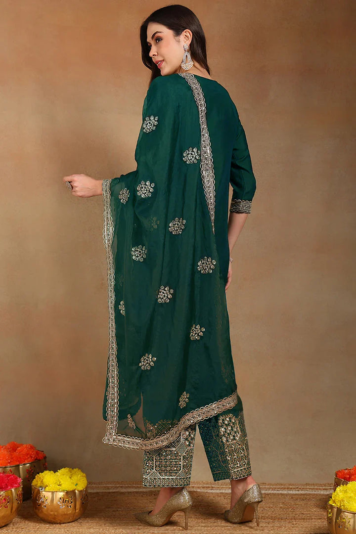 Teal Silk Blend Solid Straight Festive Kurta Palazzos With Dupatta