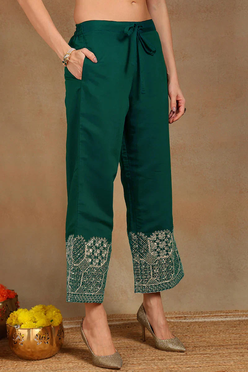 Teal Silk Blend Solid Straight Festive Kurta Palazzos With Dupatta