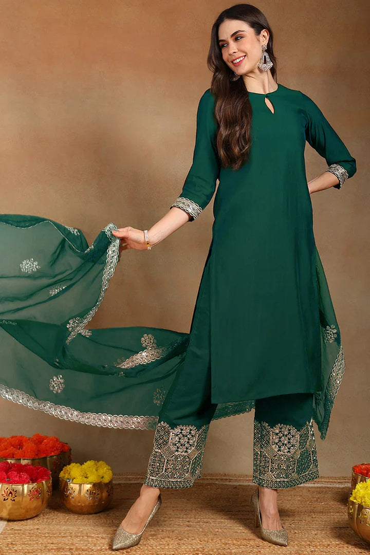 Teal Silk Blend Solid Straight Festive Kurta Palazzos With Dupatta