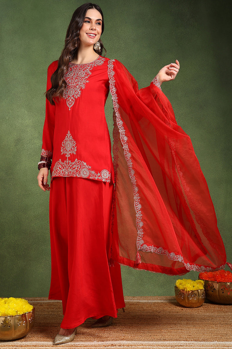 Red-Silk-Blend-Embroidered-Straight-Sharara-Set
