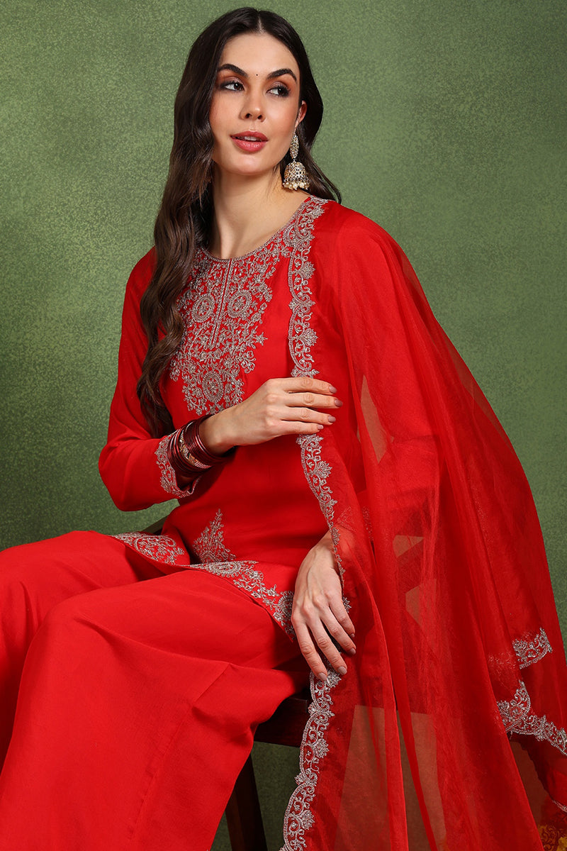 Red-Silk-Blend-Embroidered-Straight-Sharara-Set