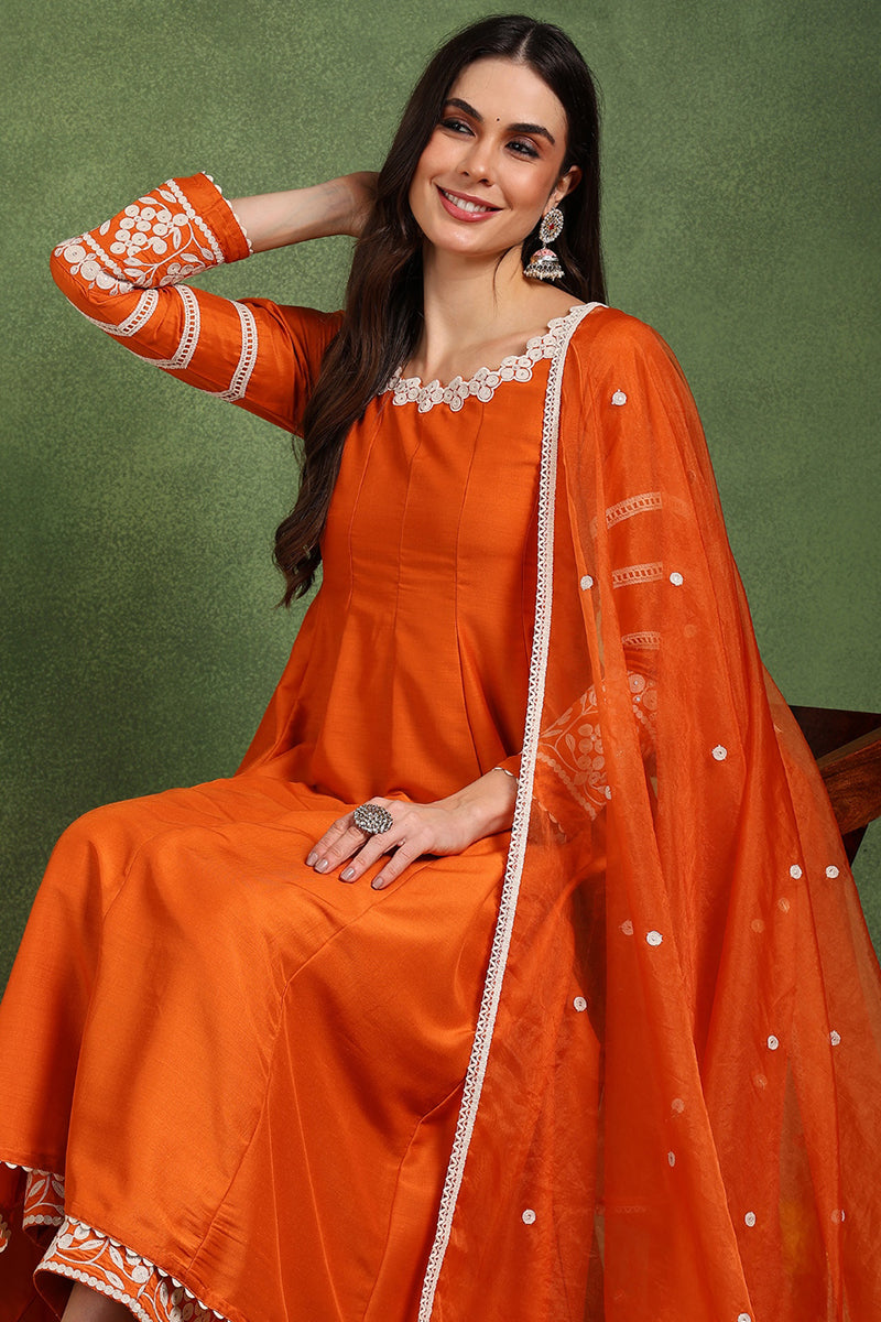 Orange-Silk-Blend-Solid-Embroidered-Anarkali-Set