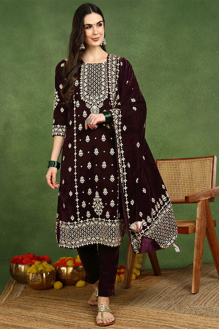 Purple Velvet Ethnic Printed Straight 3-Piece Suit Set