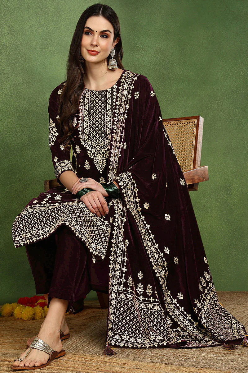 Purple Velvet Ethnic Printed Straight 3-Piece Suit Set