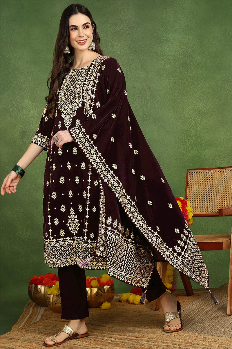 Purple Velvet Ethnic Printed Straight 3-Piece Suit Set