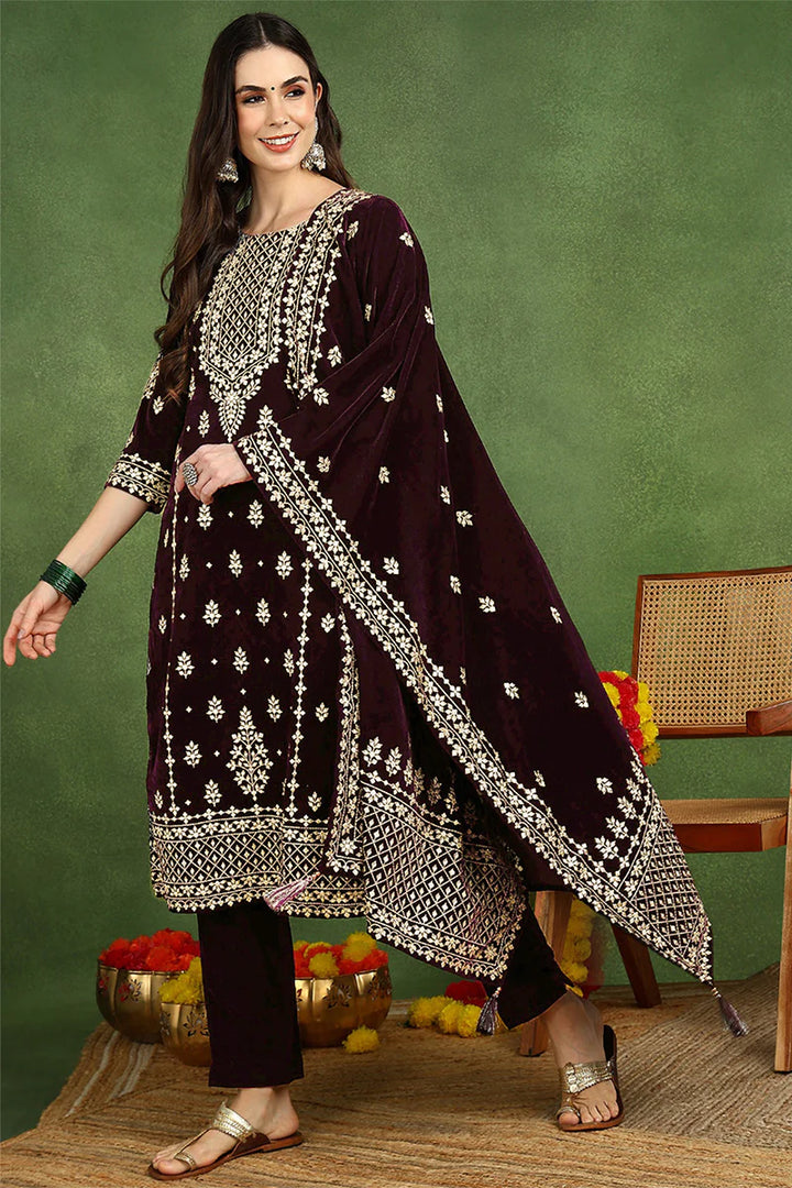 ZERESOUQ-Purple-Velvet-Ethnic-Printed-Straight-3-Piece-Suit-Set