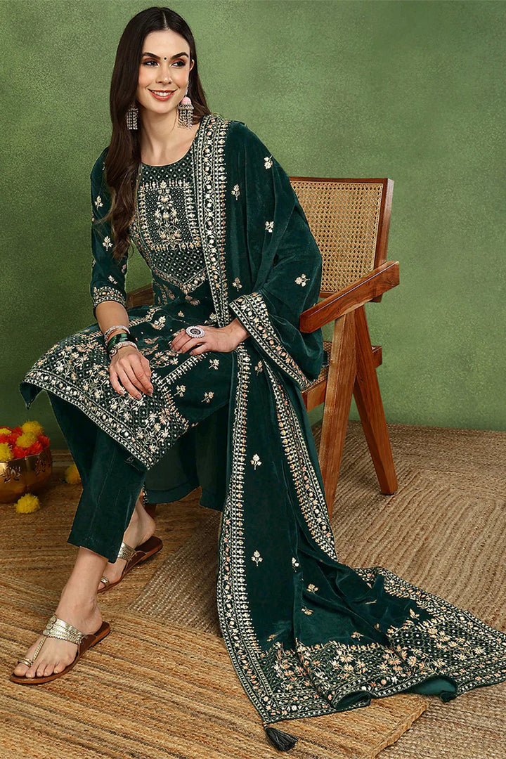 Green Velvet Ethnic Motifs Printed Straight 3-Piece Suit Set