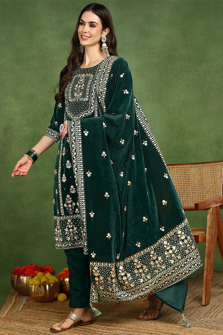 Green Velvet Ethnic Motifs Printed Straight 3-Piece Suit Set