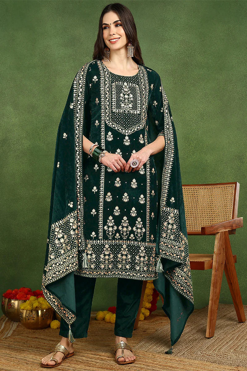 ZERESOUQ-Green-Velvet-Ethnic-Motifs-Printed-Straight-3-Piece-Suit-Set