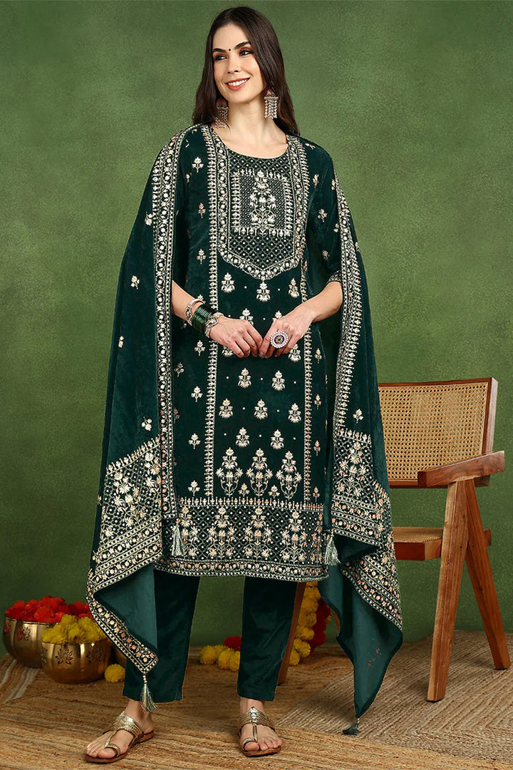 Green Velvet Ethnic Motifs Printed Straight 3-Piece Suit Set